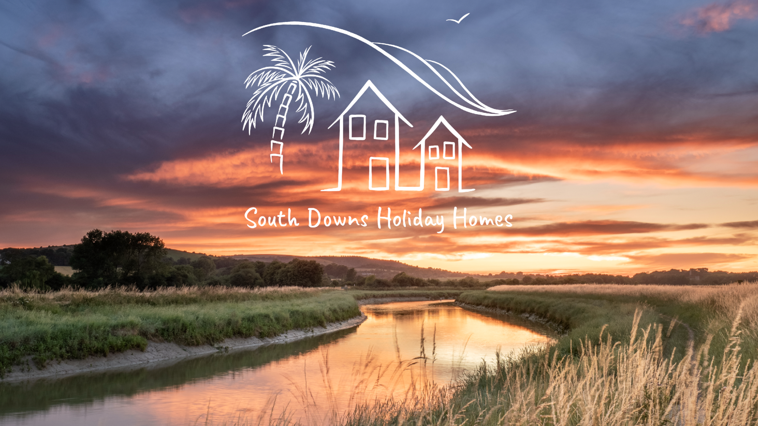 An image of the river Adur at Sunset with the firey red sky reflected the water. The South Downs Holiday Homes logo is inlaid over the image. It is the header for contacting the hosts